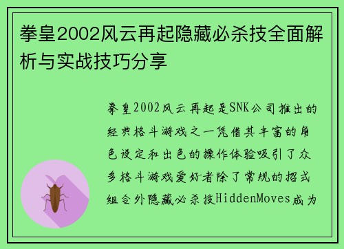 拳皇2002风云再起隐藏必杀技全面解析与实战技巧分享